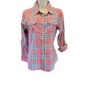 NWT overdrive pink plaid girly western roll tab sleeve button up small cowgirl
